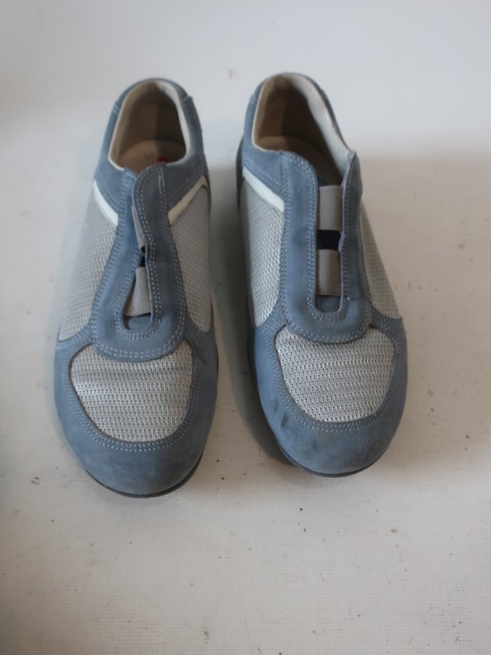 Authentic Womens Prada Blue Grey Mix Media Suede Slip-On Trainer Sneaker 38 US/8